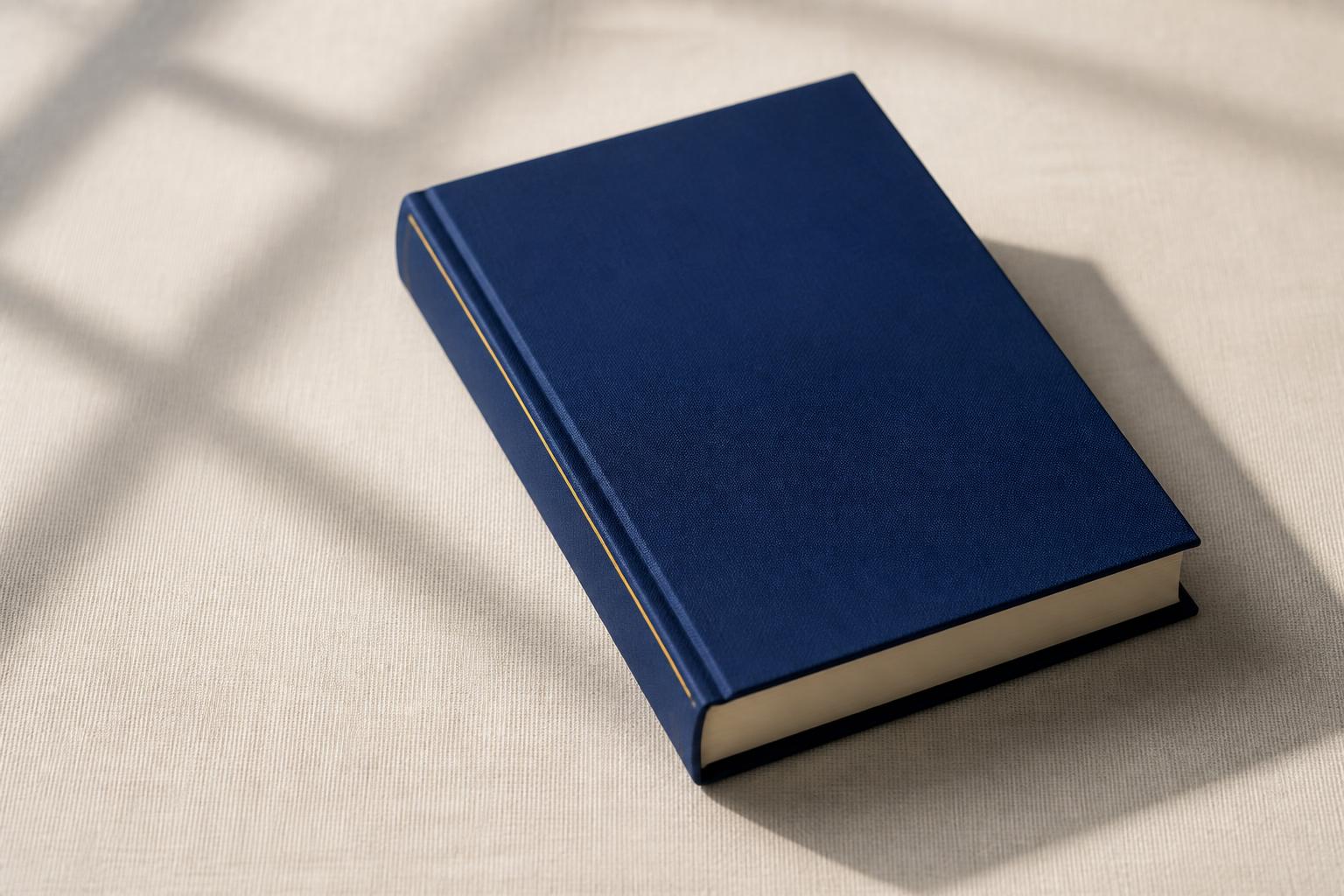 A navy cloth hardcover book with a thin gold line along the spine, resting in window light